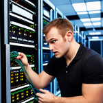 **

Network administrator troubleshooting a server issue in a data center, surrounded by blinking lights and cables. Focus on problem-solving.

**