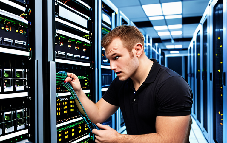 **
Network administrator troubleshooting a server issue in a data center, surrounded by blinking lights and cables. Focus on problem-solving.
**