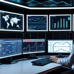 **Network Optimization:** A futuristic control room with glowing screens displaying network traffic flowing smoothly. Charts and graphs visualize optimized application performance with SD-WAN.