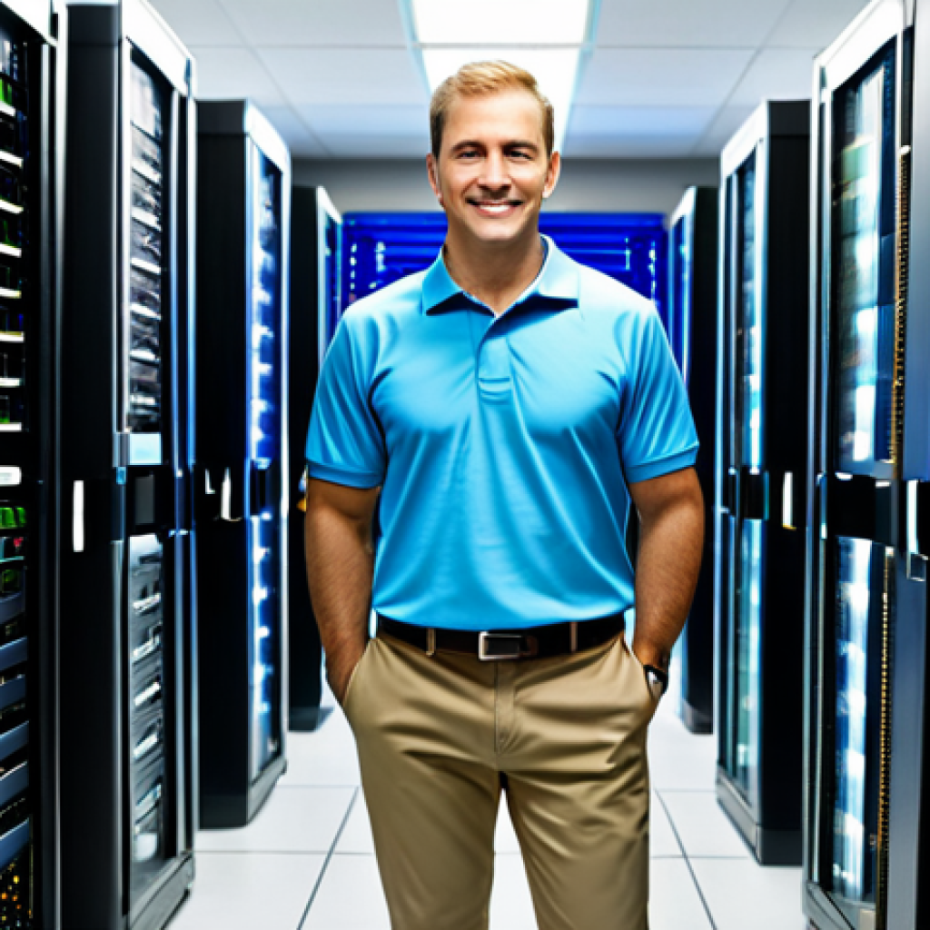**
"A professional network administrator, fully clothed in a modest polo shirt and khakis, working at a brightly lit server room, surrounded by blinking lights and server racks, safe for work, appropriate content, perfect anatomy, natural proportions, professional, family-friendly, high-resolution."
**